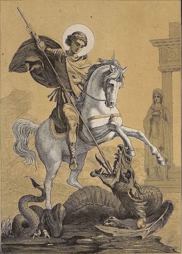 Grabado clásico: el héroe a caballo venciendo a la bestia