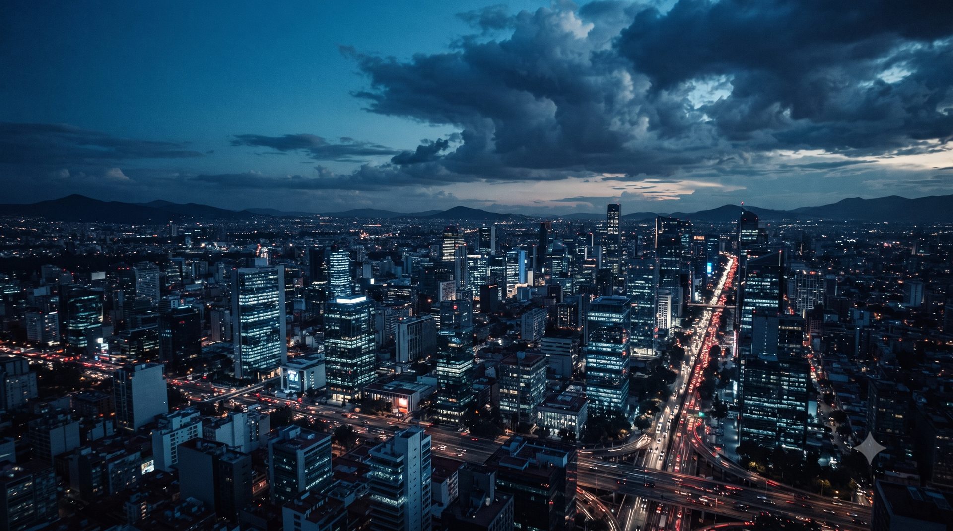 Vista aérea nocturna de ciudad mexicana